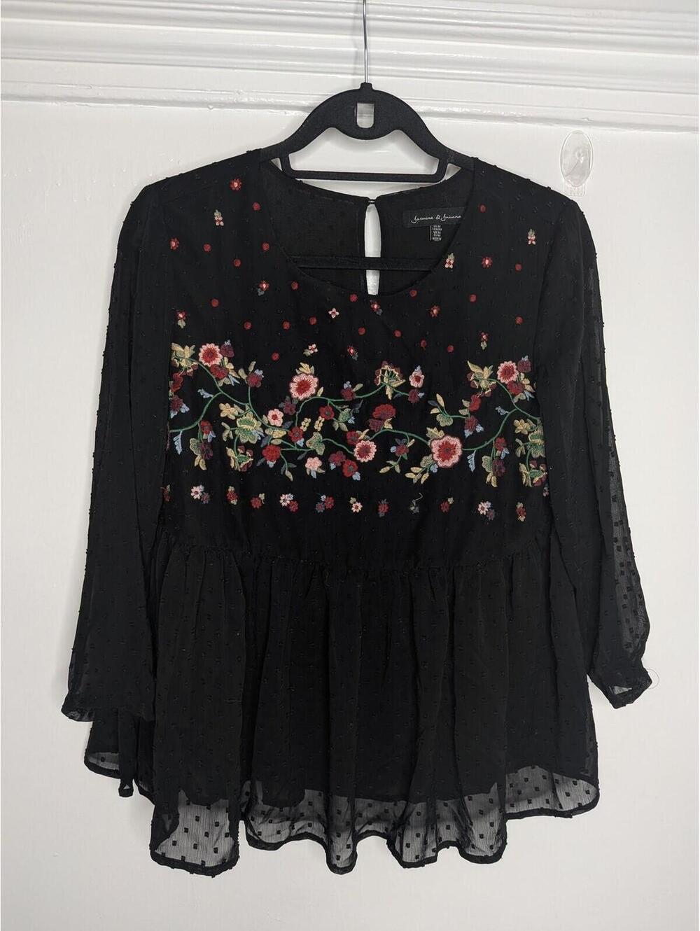Jasmine & Juliana M Black Embroidered Floral Peplum Tunic Top Cottagecore Boho